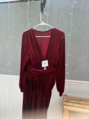 Cider Deep Burgundy Velvet Long-Sleeve V-Neck jumpsuit